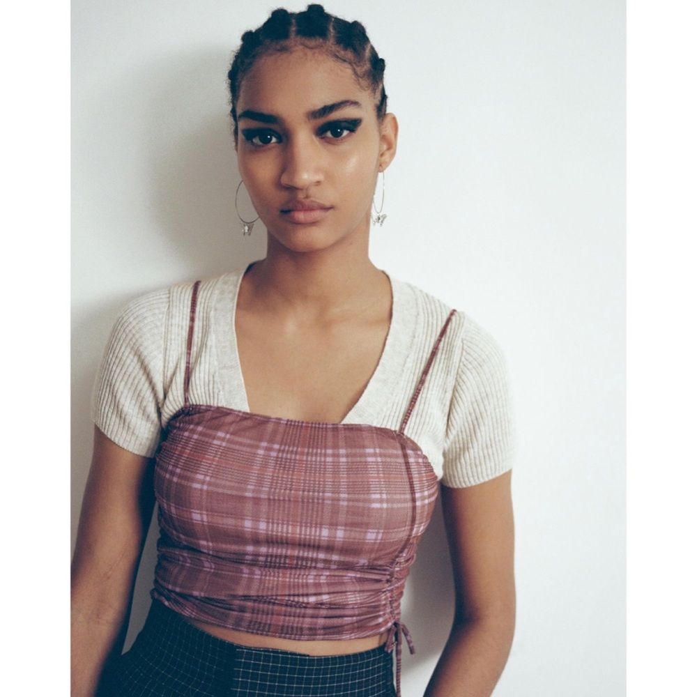 UO Tasmin Ruched Mesh Cropped Cami
